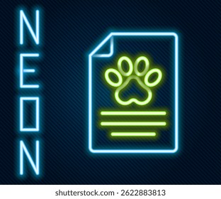 Glowing neon line Clipboard with medical clinical record pet icon isolated on black background. Health insurance form. Medical check marks report. Colorful outline concept. Vector
