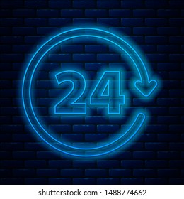 Glowing neon line Clock 24 hours icon isolated on brick wall background. All day cyclic icon. 24 hours service symbol.  Vector Illustration
