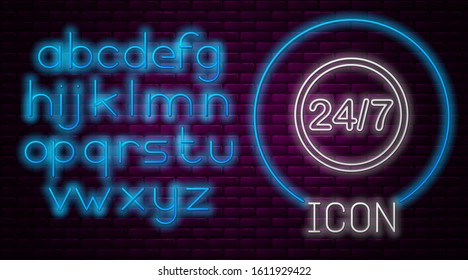 Glowing neon line Clock 24 hours icon isolated on brick wall background. All day cyclic icon. 24 hours service symbol. Neon light alphabet. Vector Illustration