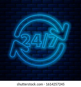 Glowing neon line Clock 24 hours icon isolated on brick wall background. All day cyclic icon. 24 hours service symbol.  Vector Illustration