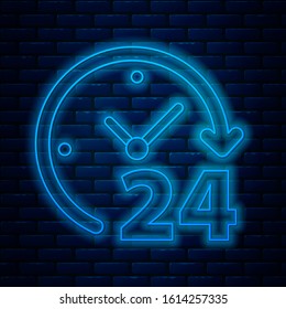 Glowing neon line Clock 24 hours icon isolated on brick wall background. All day cyclic icon. 24 hours service symbol.  Vector Illustration