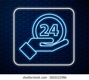 Glowing neon line Clock 24 hours icon isolated on brick wall background. All day cyclic icon. 24 hours service symbol.  Vector Illustration