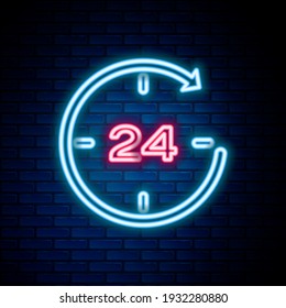 Glowing neon line Clock 24 hours icon isolated on brick wall background. All day cyclic icon. 24 hours service symbol. Colorful outline concept. Vector