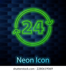 Glowing neon line Clock 24 hours icon isolated on brick wall background. All day cyclic icon. 24 hours service symbol.  Vector