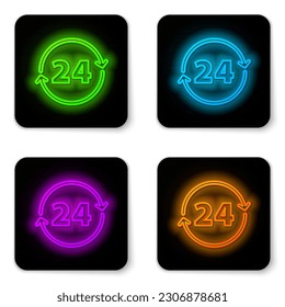 Glowing neon line Clock 24 hours icon isolated on white background. All day cyclic icon. 24 hours service symbol. Black square button. Vector