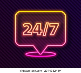 Glowing neon line Clock 24 hours icon isolated on black background. All day cyclic icon. 24 hours service symbol.  Vector Illustration