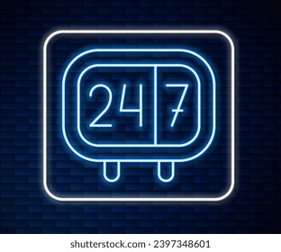 Glowing neon line Clock 24 hours icon isolated on brick wall background. All day cyclic icon. 24 hours service symbol.  Vector