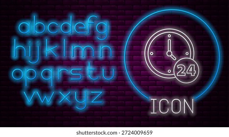 Reloj de línea de neón brillante Icono de 24 horas aislado en fondo de pared de ladrillo. Todo el día icono cíclico. Símbolo de servicio 24 horas. Alfabeto de luz de neón. Vector