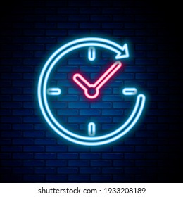 Glowing neon line Clock with arrow icon isolated on brick wall background. Time symbol. Clockwise rotation icon arrow and time. Colorful outline concept. Vector