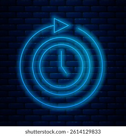 Glowing neon line Clock with arrow icon isolated on brick wall background. Time symbol. Clockwise rotation icon arrow and time.  Vector