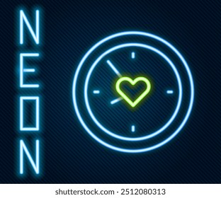 Linha de neon brilhante Relógio com ícone de coração isolado no fundo preto. Dia dos Namorados. Símbolo de amor. Conceito de contorno colorido. Vetor