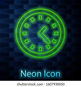 Glowing neon line Clock icon isolated on brick wall background. Time symbol.  Vector Illustration