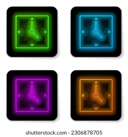 Glowing neon line Clock icon isolated on white background. Time symbol. Black square button. Vector