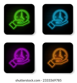 Glowing neon line Clock icon isolated on white background. Time symbol. Black square button. Vector