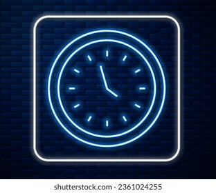 Glowing neon line Clock icon isolated on brick wall background. Time symbol.  Vector Illustration