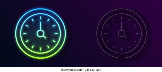 Glowing neon line Clock icon isolated on black background. Time symbol.  Vector