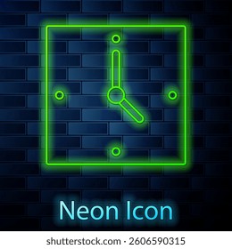 Glowing neon line Clock icon isolated on brick wall background. Time symbol.  Vector