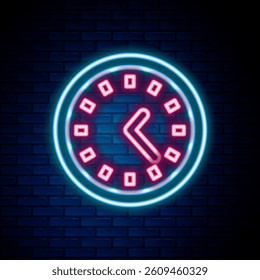 Glowing neon line Clock icon isolated on brick wall background. Time symbol. Colorful outline concept. Vector