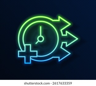 Glowing neon line Clock icon isolated on blue background. Time symbol.  Vector