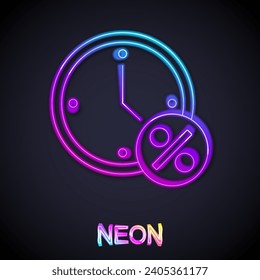 Glowing neon line Clock and percent discount icon isolated on black background.  Vector