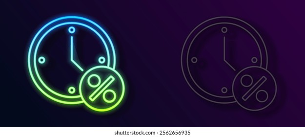 Glowing neon line Clock and percent discount icon isolated on black background.  Vector