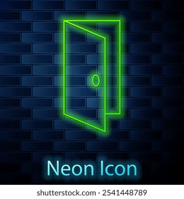 Glowing neon line Closed door icon isolated on brick wall background.  Vector