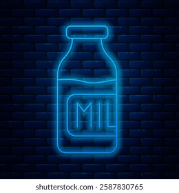 Glowing neon line Closed glass bottle with milk icon isolated on brick wall background.  Vector