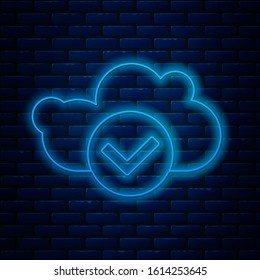 Glowing neon line Cloud with check mark icon isolated on brick wall background. Cloud storage data protection. Cloud computing.  Vector Illustration