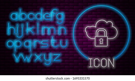 Glowing neon line Cloud computing lock icon isolated on brick wall background. Security, safety, protection concept. Protection of personal data. Neon light alphabet. Vector Illustration