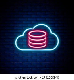 Glowing neon line Cloud database icon isolated on brick wall background. Cloud computing concept. Digital service or app with data transferring. Colorful outline concept. Vector
