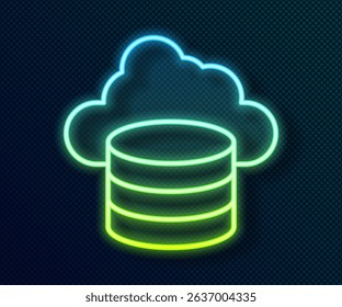 Glowing neon line Cloud database icon isolated on black background. Cloud computing concept. Digital service or app with data transferring.  Vector