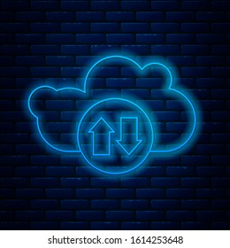 Glowing neon line Cloud download and upload icon isolated on brick wall background.  Vector Illustration