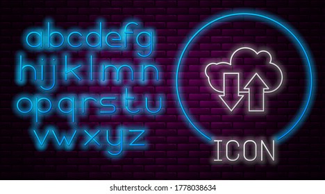 Glowing neon line Cloud download and upload icon isolated on brick wall background. Neon light alphabet. Vector Illustration