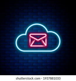 Glowing neon line Cloud mail server icon isolated on brick wall background. Cloud server hosting for email. Online message service. Mailbox sign. Colorful outline concept. Vector