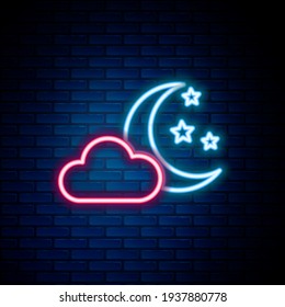 Glowing neon line Cloud with moon and stars icon isolated on brick wall background. Cloudy night sign. Sleep dreams symbol. Night or bed time sign. Colorful outline concept. Vector