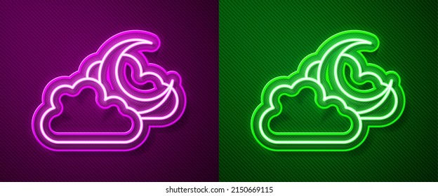 Glowing neon line Cloud with moon icon isolated on purple and green background. Cloudy night sign. Sleep dreams symbol. Night or bed time sign.  Vector