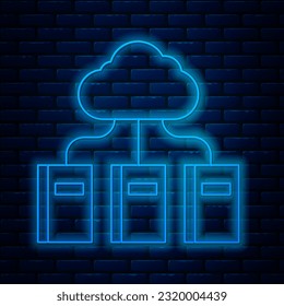 Glowing neon line Cloud or online library icon isolated on brick wall background. Internet education or distance training.  Vector Illustration