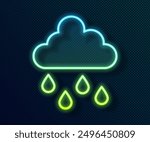 Glowing neon line Cloud with rain icon isolated on black background. Rain cloud precipitation with rain drops.  Vector