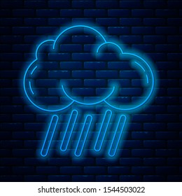 Glowing neon line Cloud with rain icon isolated on brick wall background. Rain cloud precipitation with rain drops.  Vector Illustration