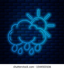 Glowing neon line Cloud with rain and sun icon isolated on brick wall background. Rain cloud precipitation with rain drops.  Vector Illustration
