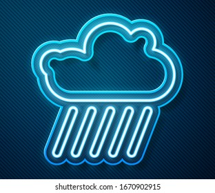 Glowing neon line Cloud with rain icon isolated on blue background. Rain cloud precipitation with rain drops.  Vector Illustration