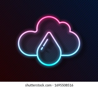 Glowing neon line Cloud with rain icon isolated on black background. Rain cloud precipitation with rain drops.  Vector Illustration