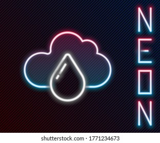 Glowing neon line Cloud with rain icon isolated on black background. Rain cloud precipitation with rain drops. Colorful outline concept. Vector Illustration