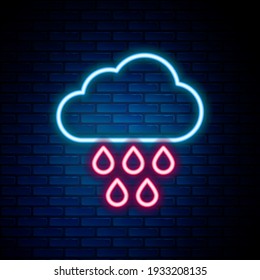 Glowing neon line Cloud with rain icon isolated on brick wall background. Rain cloud precipitation with rain drops. Colorful outline concept. Vector