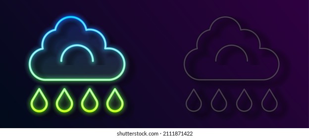 Glowing neon line Cloud with rain icon isolated on black background. Rain cloud precipitation with rain drops.  Vector