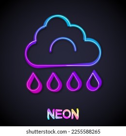 Línea de neón brillante Nube con icono de lluvia aislado en el fondo negro. Precipitación de nubes de lluvia con caídas de lluvia.  Vector
