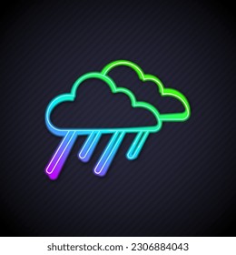 Glowing neon line Cloud with rain icon isolated on black background. Rain cloud precipitation with rain drops.  Vector