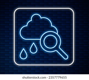 Glowing neon line Cloud with rain icon isolated on brick wall background. Rain cloud precipitation with rain drops.  Vector