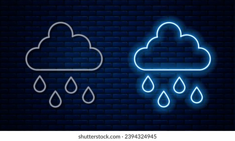 Glowing neon line Cloud with rain icon isolated on brick wall background. Rain cloud precipitation with rain drops.  Vector