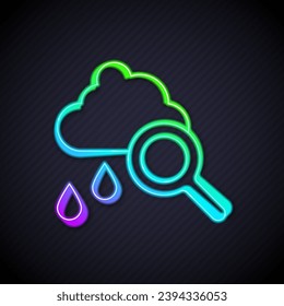 Glowing neon line Cloud with rain icon isolated on black background. Rain cloud precipitation with rain drops.  Vector